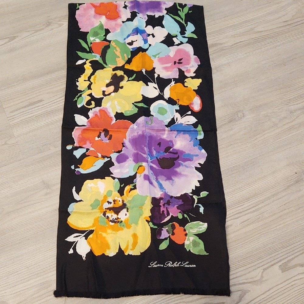 Ralph Lauren Silk Scarf with Green and Orange Floral Pattern
